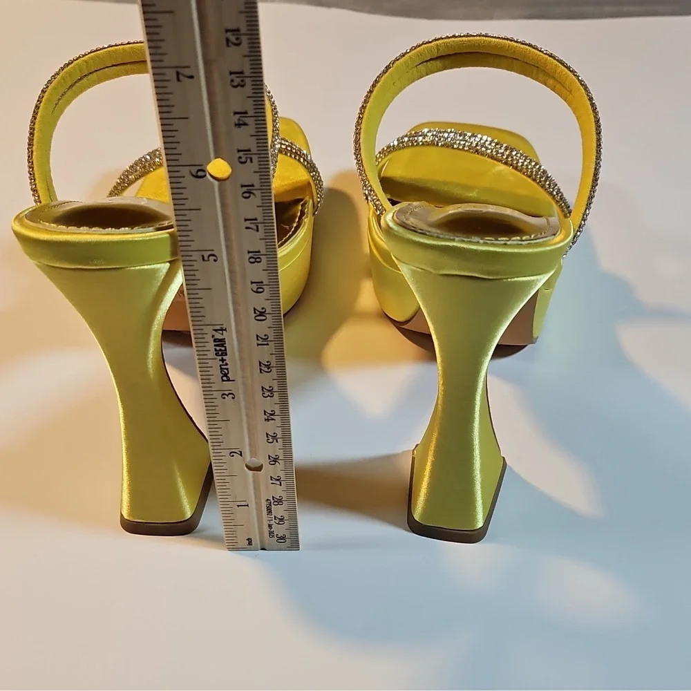 Cathy Jean Yellow Synthetic Rhinestone Strappy Platform Block Heel Open Toe 7